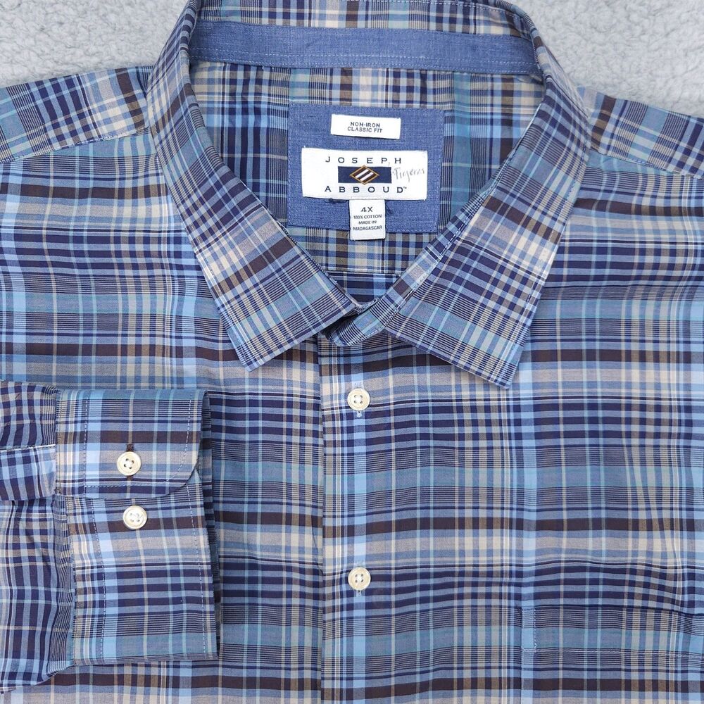 Joseph Abboud Button Up Shirt Mens 4XL Blue Brown Plaid Long Sleeve